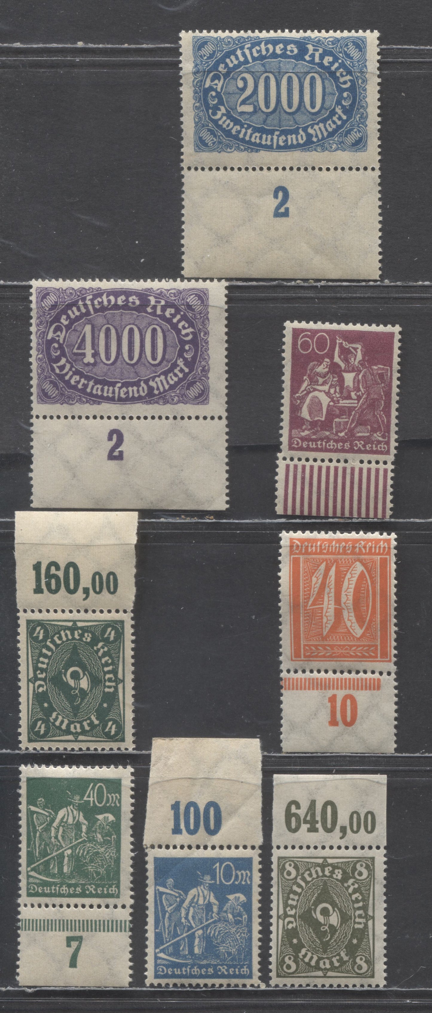 Germany SC#166/227 1921-1923 Numeral, Posthorn & Ironworker/Farmer Definitives, 8 F/VFNH Bottom Sheet Margin Counter Singles, Click on Listing to See ALL Pictures, Estimated Value $15