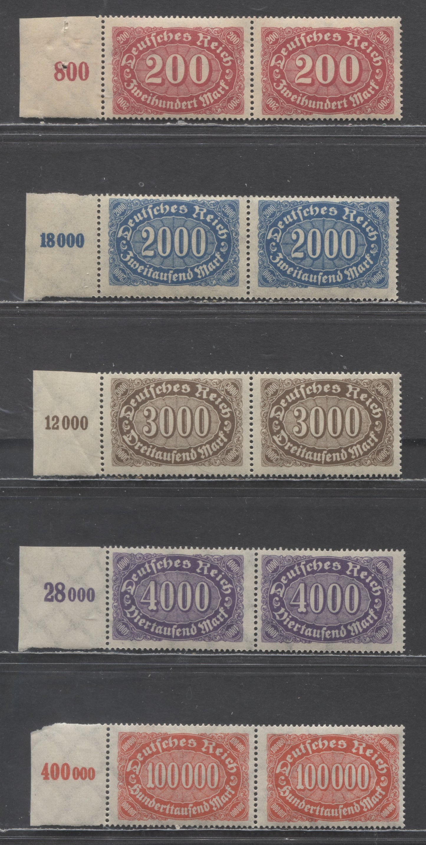 Germany SC#200/209 1922 Numeral Definitives, Network Wmk, 5 F/VFNH Left Sheet Margin Counter Pairs, Click on Listing to See ALL Pictures, 2022 Scott Classic Cat. $6.7