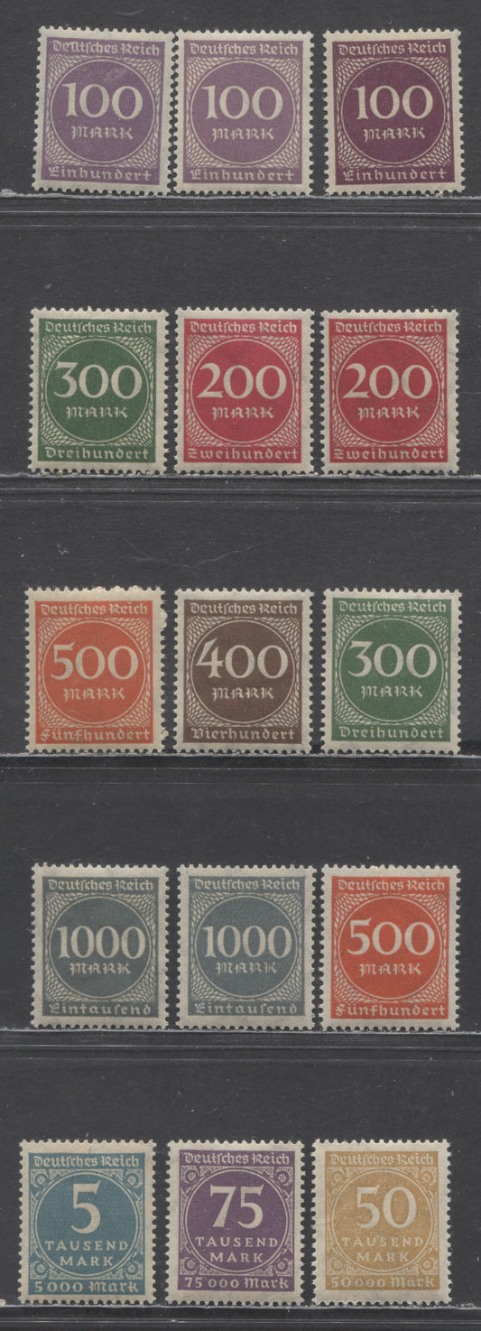 Lot 85 Germany SC#229/240 1922-1923 Webbed Numeral & Posthorn Definitives, Listed & Unlisted Shades, 15 VFNH Singles, Click on Listing to See ALL Pictures, 2022 Scott Classic Cat. $6.8