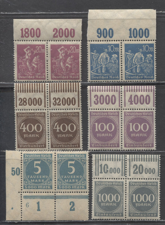 Lot 86 Germany SC#222/238A 1922-1923 Webbed Numeral & Ironworker Definitives, 6 VFNH Top & Bottom Sheet Margin Counter Pairs, Click on Listing to See ALL Pictures, 2022 Scott Classic Cat. $5.4