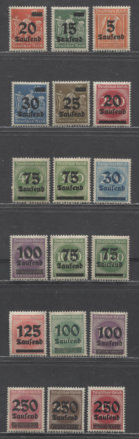 Lot 87 Germany SC#242/259 1923 Surcharged Issue, Includes Extra Shades, 18 VFNH Singles, Click on Listing to See ALL Pictures, 2022 Scott Classic Cat. $9.85