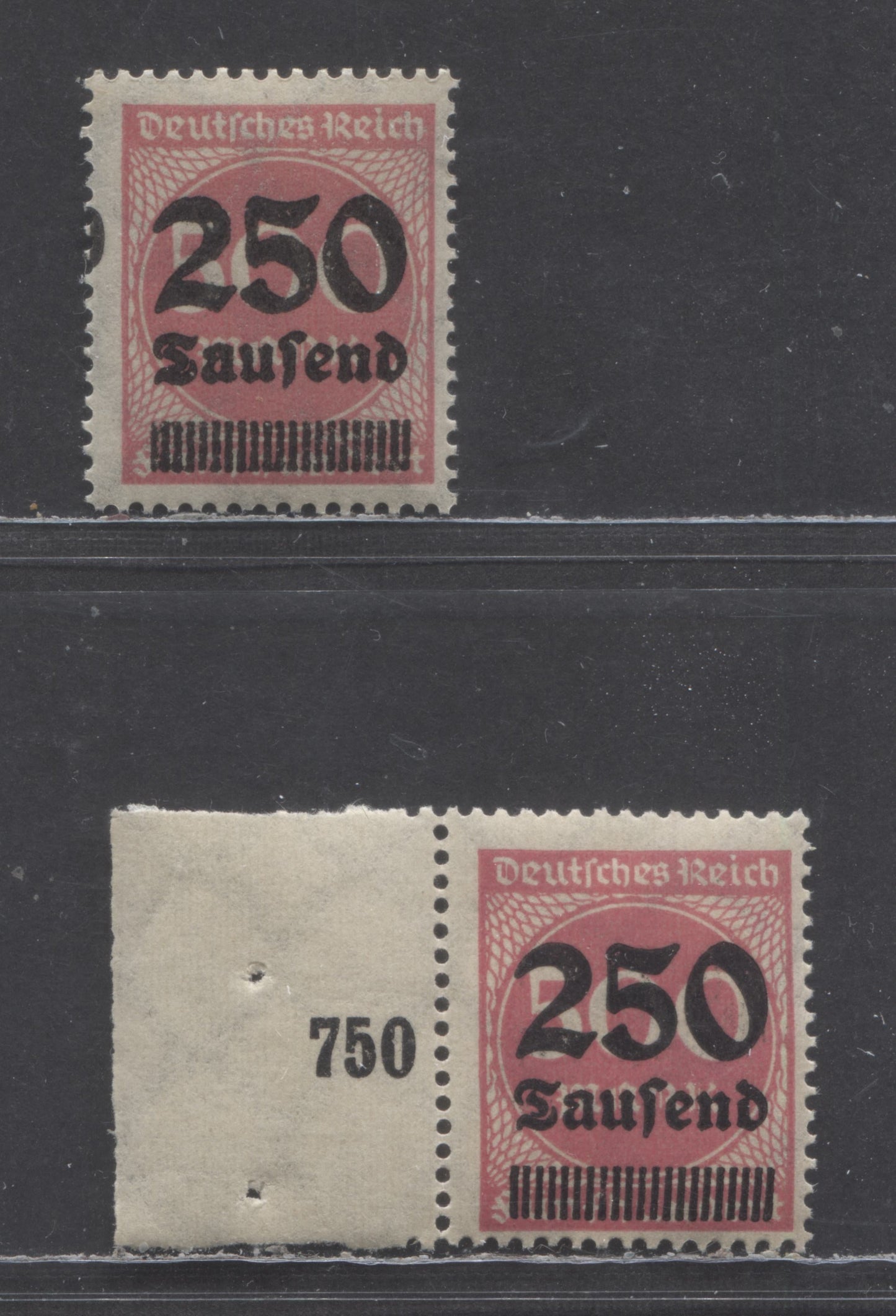 Germany SC#259var 250th m On 500m Pink 1923 Surcharges, Showing Portion Of Row Counter In Margin, 2 VFNH Single & Pair, Click on Listing to See ALL Pictures, Estimated Value $5