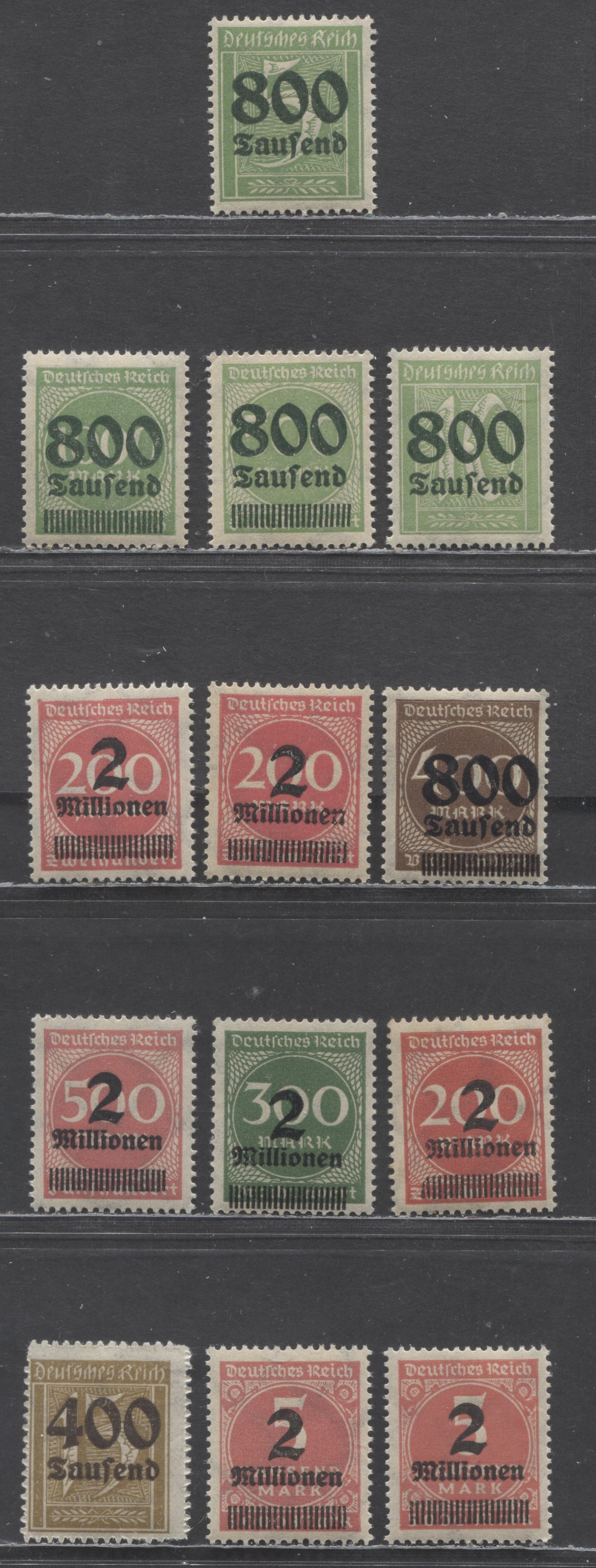 Germany SC#261/273 1923 Surcharges, Includes Both 2mm & 2.5mm Settings On The 2mil Surcharge, Sideways Wmk, 13 F/VFNH Singles, Click on Listing to See ALL Pictures, Estimated Value $12