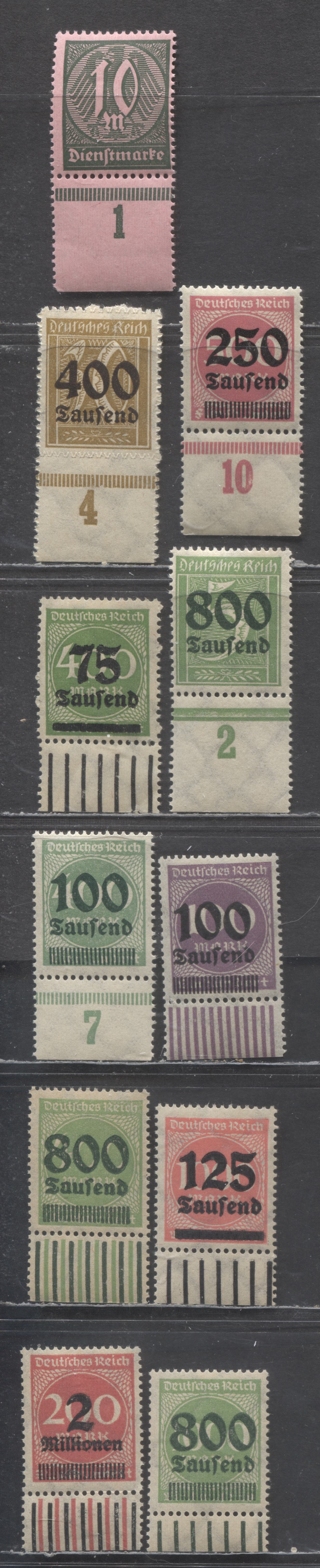 Germany SC#251/O17 1923 Surcharges, Showing Marginal Markings & Column Numbers, 11 F/VFNH Bottom Sheet Margin Singles, Click on Listing to See ALL Pictures, Estimated Value $18