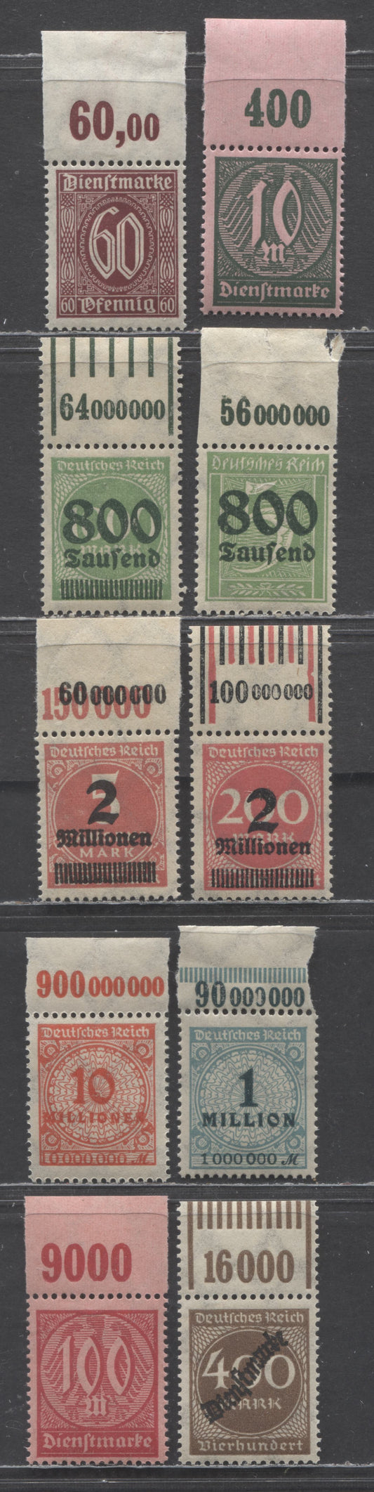 Lot 150 Germany SC#261/O27 1922-1923 Surcharges & Official Issues, 10 F/VFNH Top Sheet Margin Value Counter Singles, Click on Listing to See ALL Pictures, Estimated Value $20