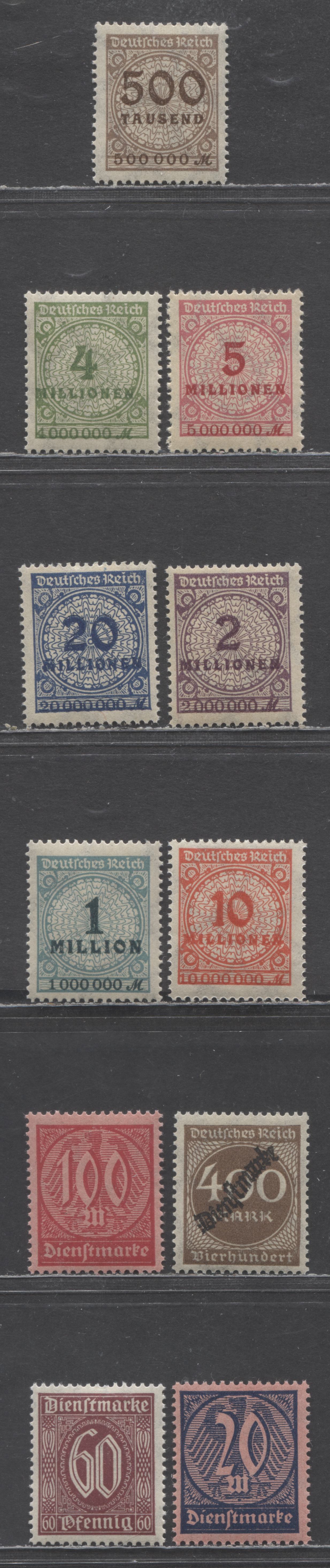 Lot 255 Germany SC#280/O27 1922-1923 Officials & Numeral Definitives, Includes Flat Plate Printings Of The 500th, 1m, 5, & 10m & Rotary Press Printings Of The 2m, 4m & 20m, 11 F/VFNH Singles, 2022 Scott Classic Cat. $8.45