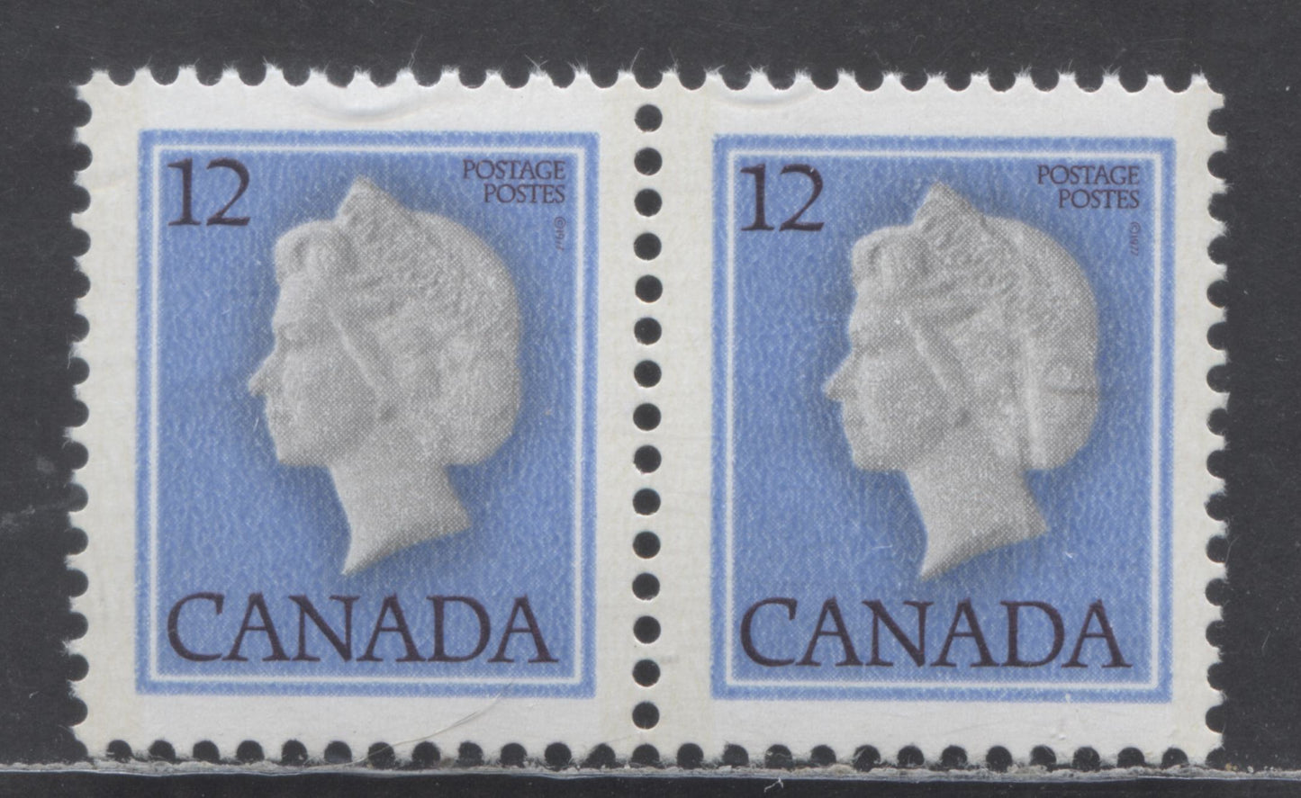 Lot 439 Canada #713var 12c Bright Blue & Black Queen Elizabeth II, 1977-1982 First Class Definitives, A VFNH Pair With Unlisted White Streak Down Queen's Profile, DF/DF-fl paper