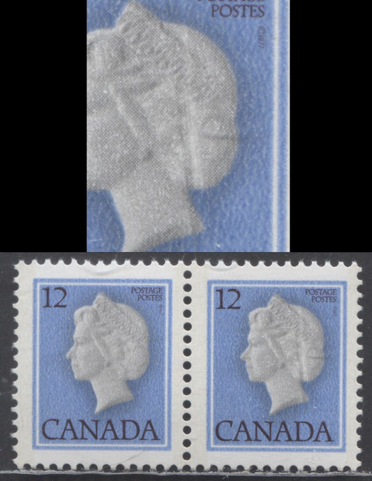 Lot 439 Canada #713var 12c Bright Blue & Black Queen Elizabeth II, 1977-1982 First Class Definitives, A VFNH Pair With Unlisted White Streak Down Queen's Profile, DF/DF-fl paper