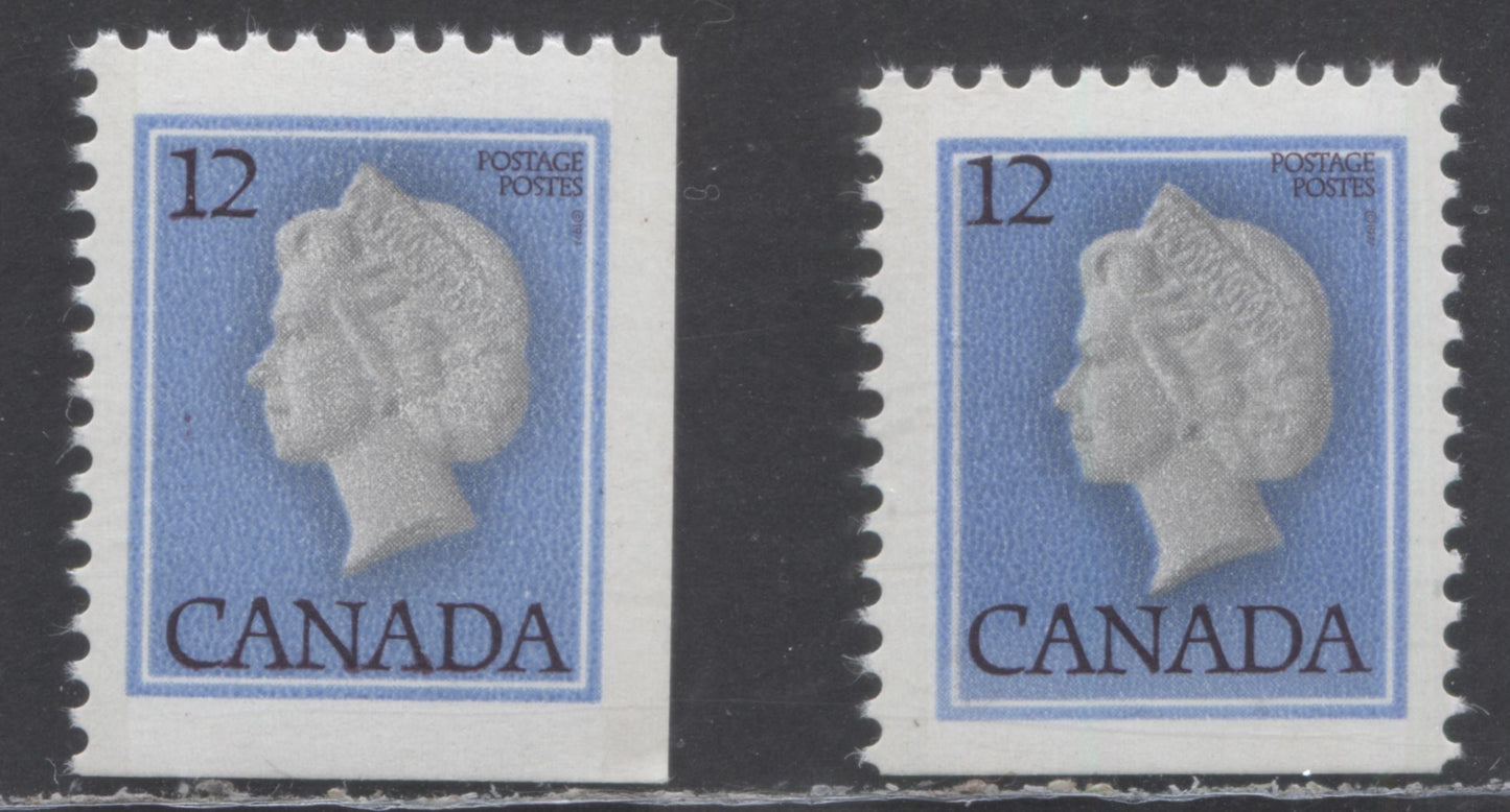Canada #713a 12c Bright Blue & Black Queen Elizabeth II, 1977-1982 First Class Definitives, 2 VFNH Booklet Singles With Upward Shift Of Inscriptions With Normal, DF/DF Paper