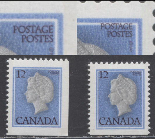 Canada #713a 12c Bright Blue & Black Queen Elizabeth II, 1977-1982 First Class Definitives, 2 VFNH Booklet Singles With Upward Shift Of Inscriptions With Normal, DF/DF Paper