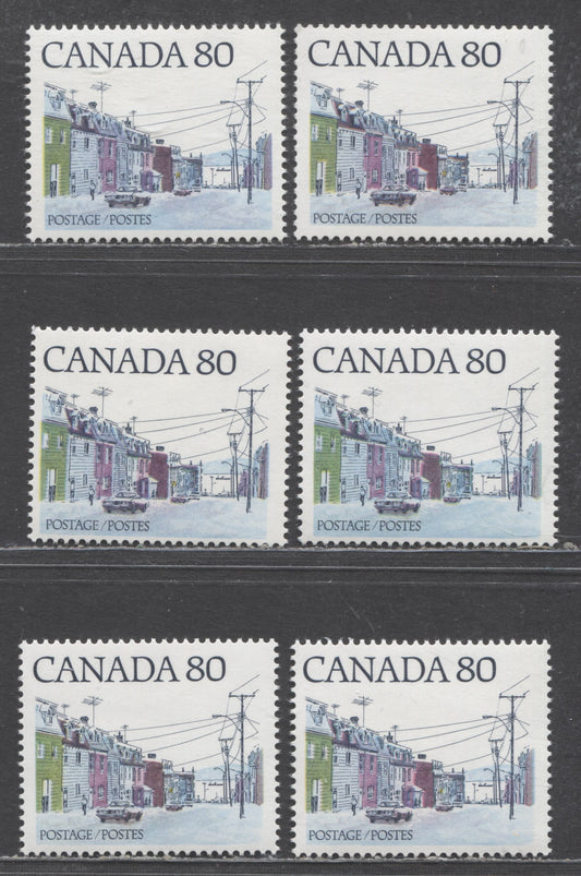 Canada #725 80c Maritime Street Scene, 1977-1982 Medium Value Street Scene Definitives, 6 VFNH Singles With Various DF, LF & F Papers With Different Color Buildings and Road