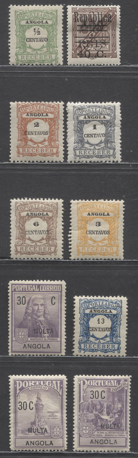 Lot 48 Angola SC#235a/RAJ3 1921-1925 Postage Dues, Postal Tax Due & Republica Overprint On Newspaper Issue, 10 F/VFOG Singles, Click on Listing to See ALL Pictures, Estimated Value $5