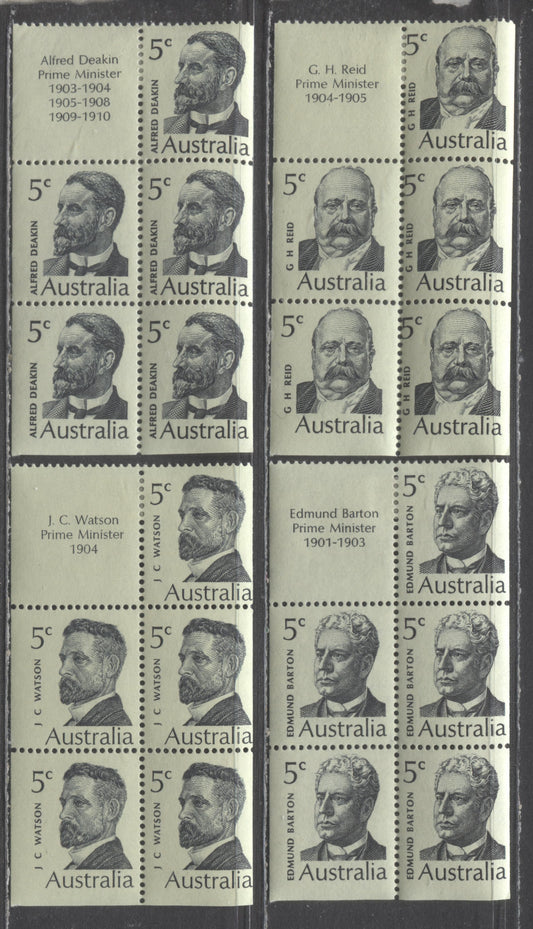 Lot 5 Australia SC#450a-453a 1969 Prime Ministers Issue, Helecon Coated Paper, 4 VFOG Booklet Panes Of 5+Label, Click on Listing to See ALL Pictures, Estimated Value $10