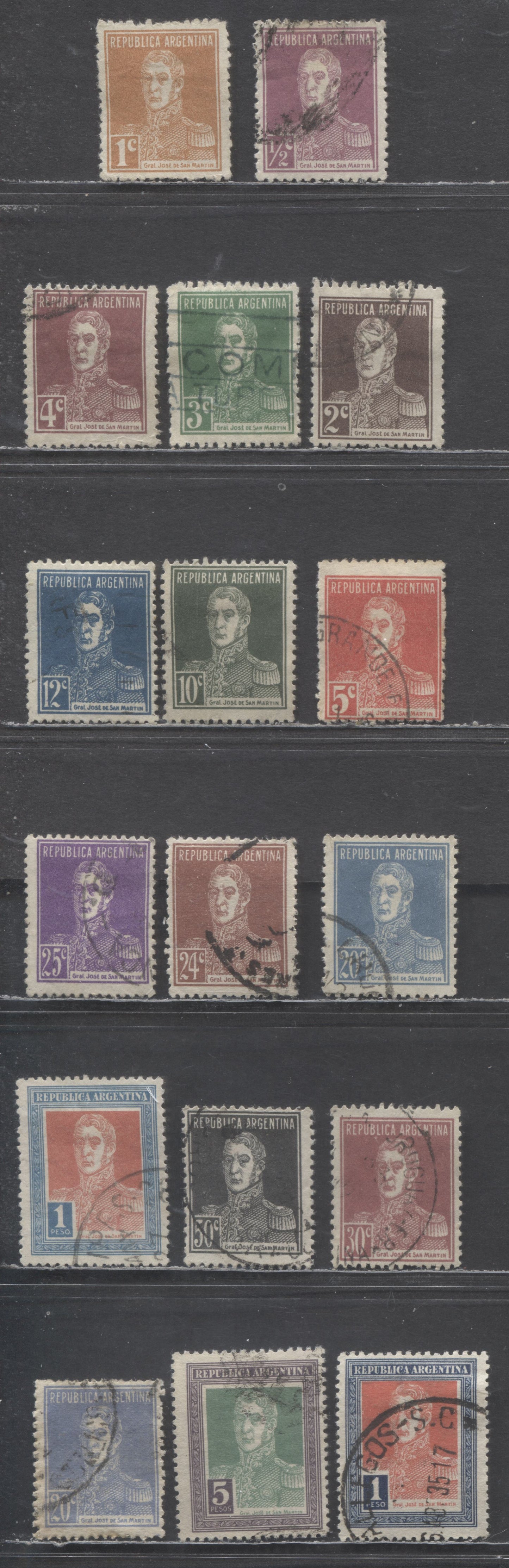 Lot 51 Argentina SC#340/367 1923-1924 Jose De San Martin Issue, Perf 13.5 & 12.5 Without Period After Value, Multiple RA In Sun Wmk, 17 Fine/Very Fine Used Singles, Estimated Value $10