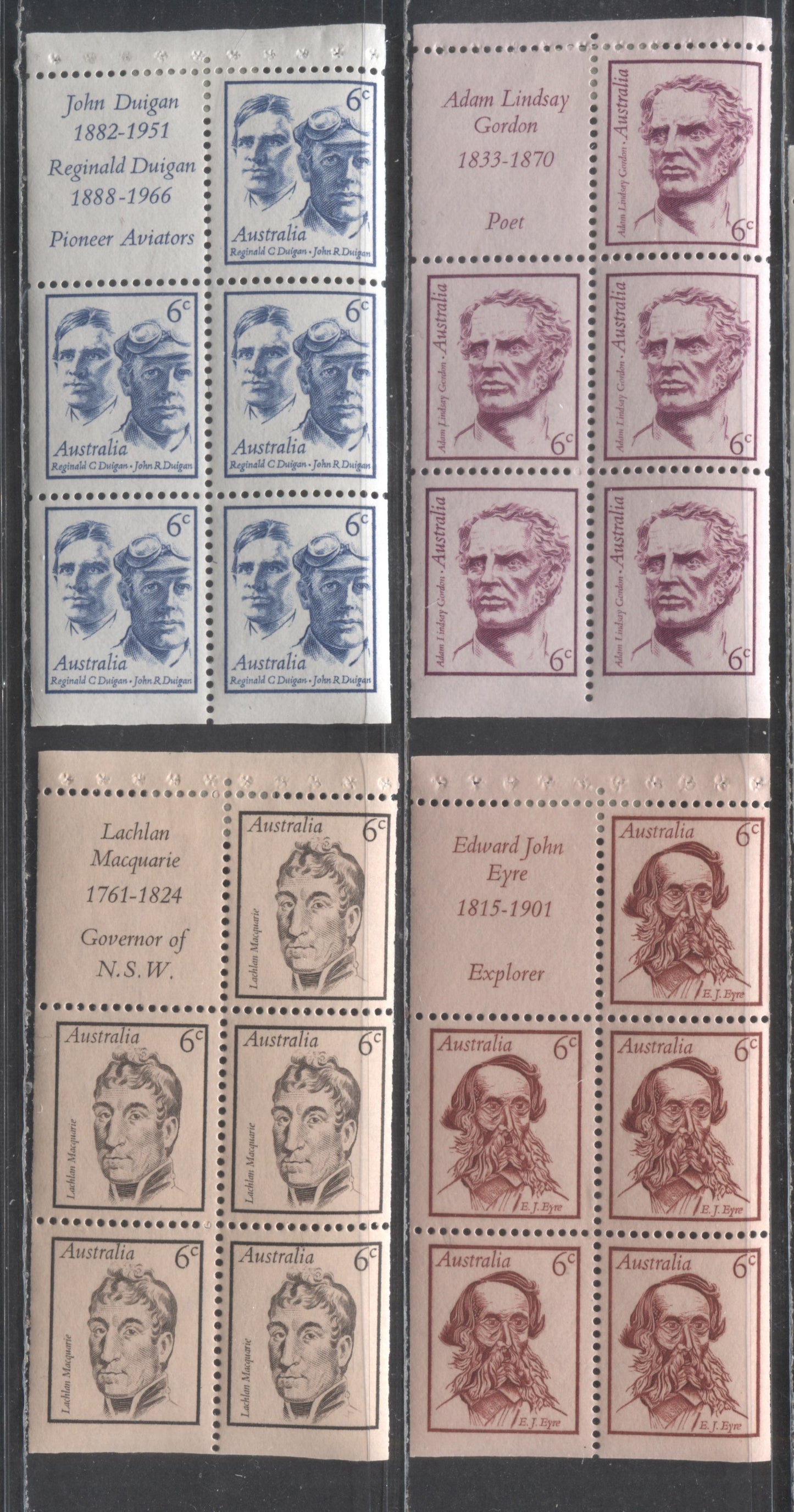 Lot 6 Australia SC#454a-457a 1970 Famous Australians Issue, On Fluorescent Paper, Normal Helecon Coating On 455a & 457a, Weak On Others, 4 VFOG Booklet Panes Of 5+Label, Click on Listing to See ALL Pictures, Estimated Value $10