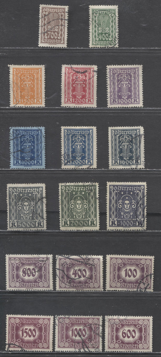 Lot 68 Austria SC#276/J126 1922-1924 Symbols Of Agriculture Definitives & Numeral Postage Dues, 17 Fine/Very Fine Used Singles, Click on Listing to See ALL Pictures, Estimated Value $12