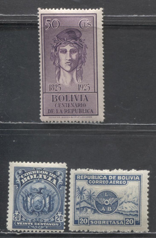 Lot 87 Bolivia SC#122/C9 1919-1928 Arms & Airmail Issues, 3 F/VFOG Singles, Click on Listing to See ALL Pictures, Estimated Value $6