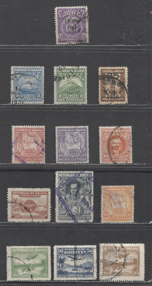 Lot 88 Bolivia SC#184/C32 1928-1930 Surcharges - Airmail Issues, 13 Fine/Very Fine Used Singles, Estimated Value $10