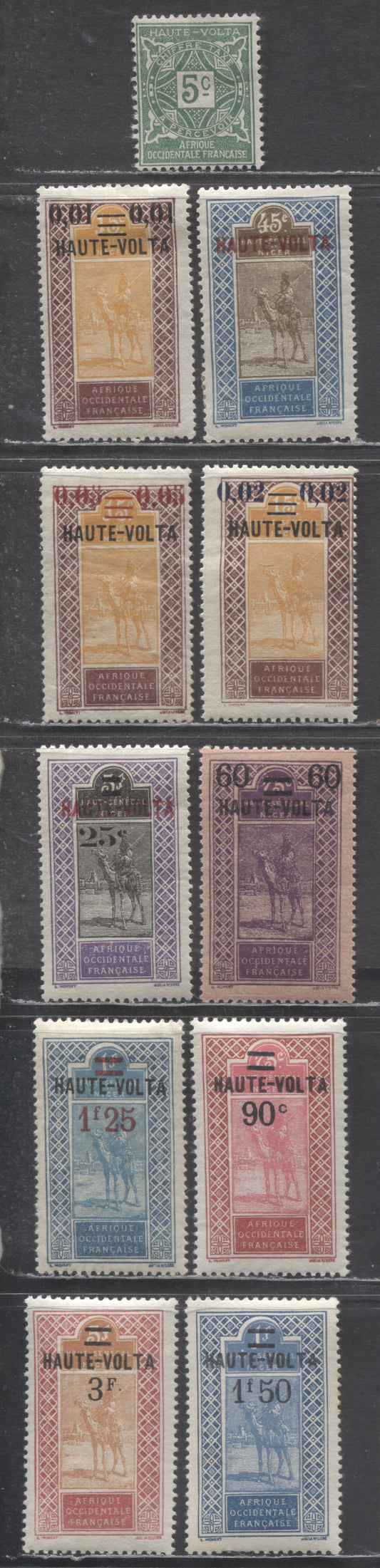 Lot 96 Burkina Faso (Upper Volta) SC#1F/J11 1920-1928 Mail Carrier Definitives With Haute Volta Overprints & Postage Dues, 11 F/VFOG Singles, Click on Listing to See ALL Pictures, Estimated Value $10