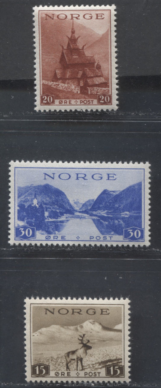 Norway SC#184-186 1939 Reindeer, Borgund Church & Jolster In Sunnfiord Issue, Unwatermarked, 3 VFNH Singles, Click on Listing to See ALL Pictures, 2022 Scott Classic Cat. $3
