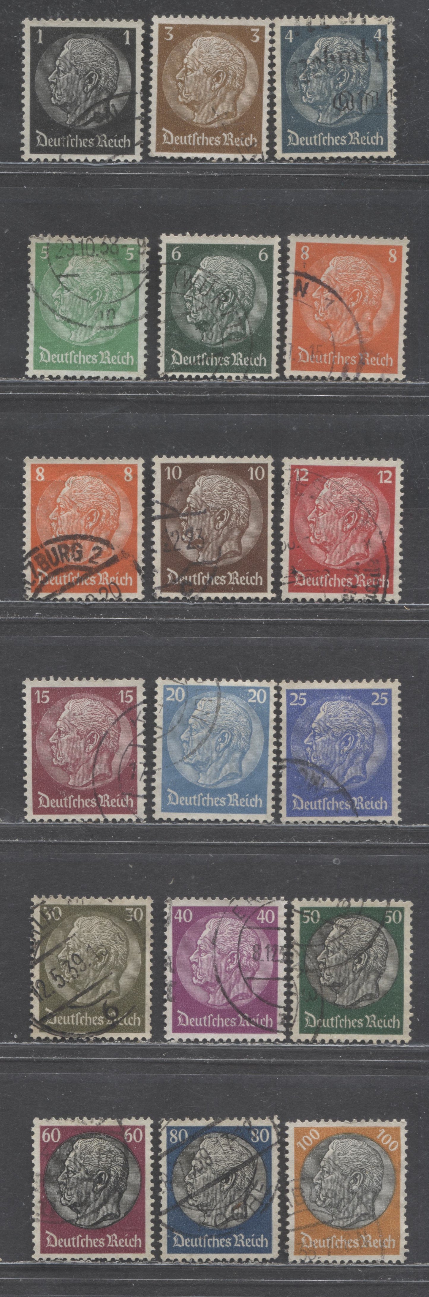 Germany SC#415/431 1933-1936 Von Hindenburg Issues, Including Open 'D' On 8pf, Swastikas Wmk, 18 Fine/Very Fine Used Singles, Click on Listing to See ALL Pictures, Estimated Value $10