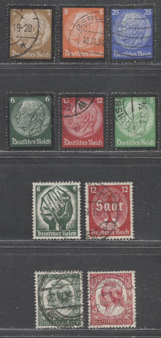 Lot 64 Germany SC#436/447 1934 Hindenburg Memorial - Von Schiller Issues, 10 Fine/Very Fine Used Singles, Click on Listing to See ALL Pictures, Estimated Value $10