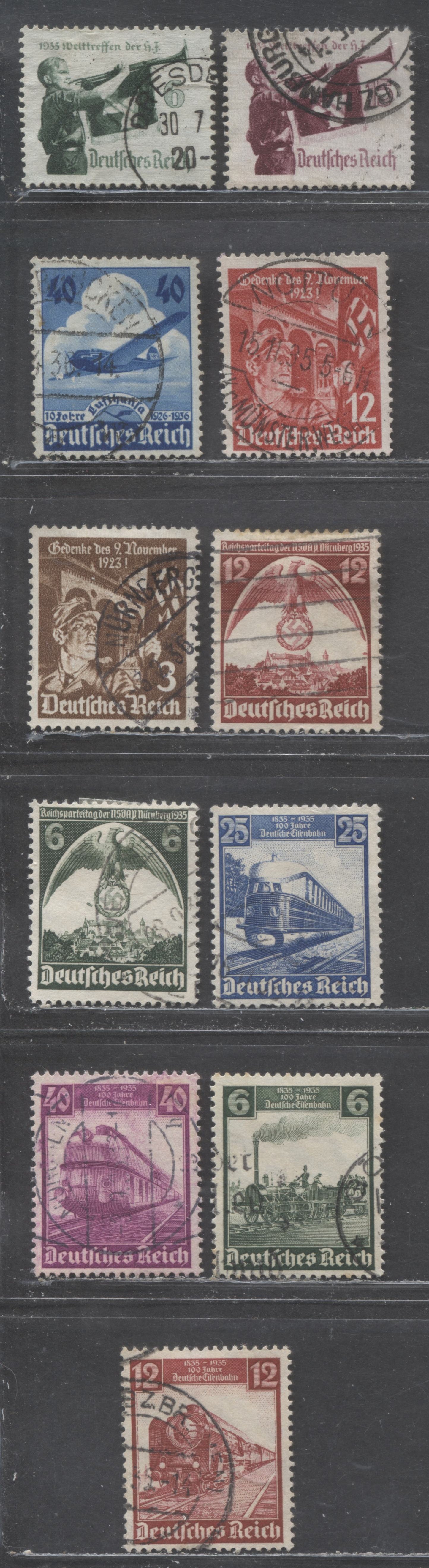 Lot 67 Germany SC#459-469 1935 Railroad Centenary - 10th Anniversary Of Lufthansa Air Service Issues, 11 Fine/Very Fine Used Singles, Click on Listing to See ALL Pictures, Estimated Value $12