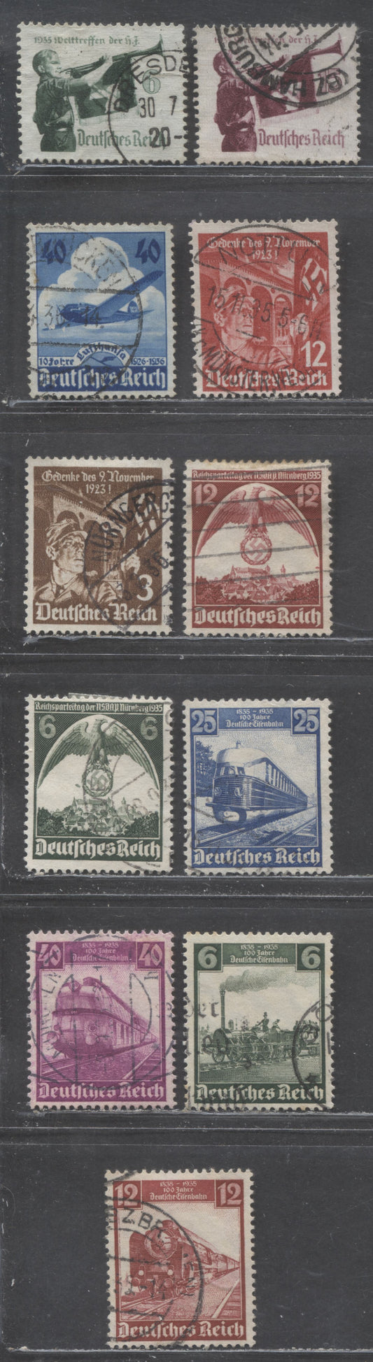 Lot 67 Germany SC#459-469 1935 Railroad Centenary - 10th Anniversary Of Lufthansa Air Service Issues, 11 Fine/Very Fine Used Singles, Click on Listing to See ALL Pictures, Estimated Value $12