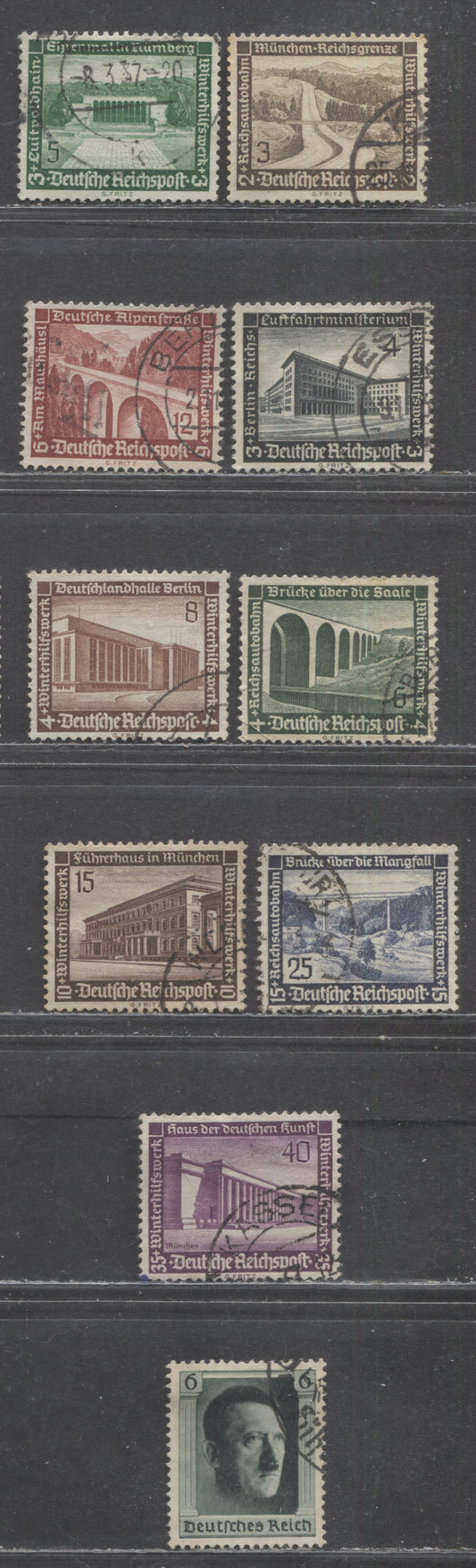 Lot 81 Germany SC#B93-B102a 1936-1937 Architecture Semi Postals & Hitler's 48th Birthday Issues, 10 Very Fine Used Singles, Click on Listing to See ALL Pictures, 2022 Scott Classic Cat. $17.85