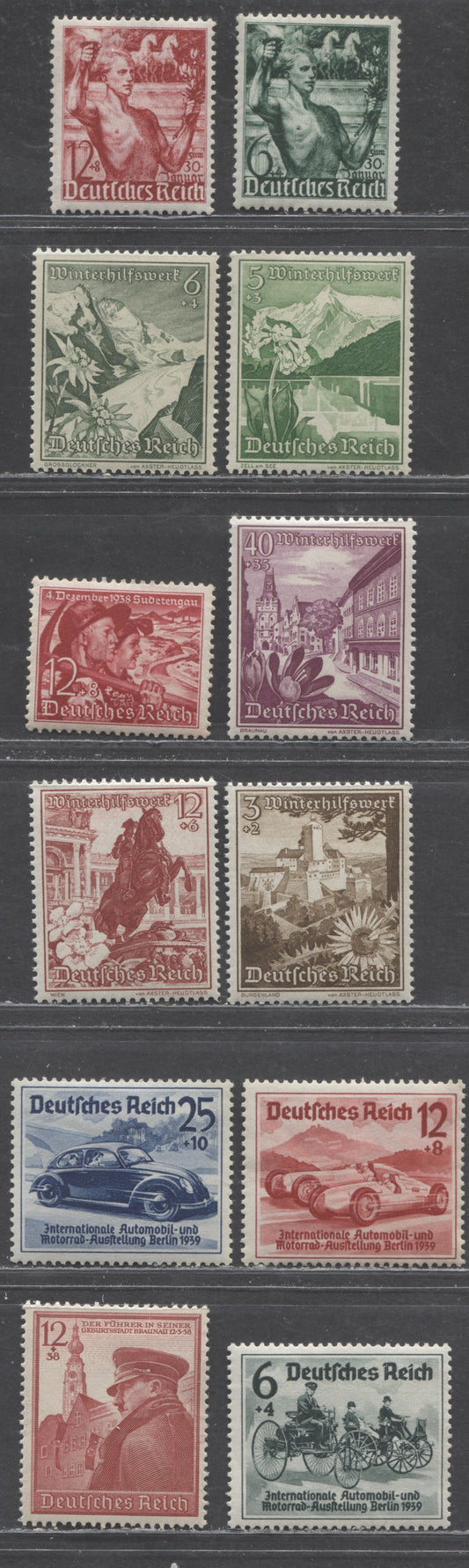 Lot 91 Germany SC#B116/B137 1938 Anniversary Of Assumption Of Power - Hitler's 50th Birthday Issues, 12 F/VFOG Singles, Click on Listing to See ALL Pictures, Estimated Value $20
