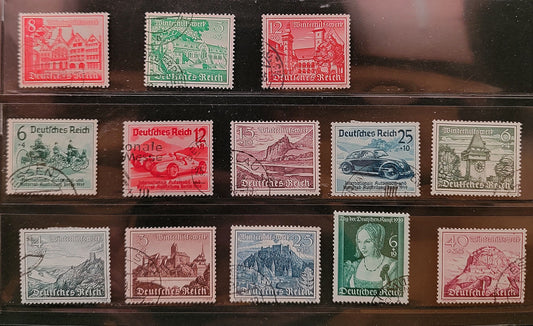 Lot 96 Germany SC#B134/B168 1939 Automobile & Motorcycle Exhibition - Castle Semi Postals, 13 Very Fine Used Singles, Click on Listing to See ALL Pictures, 2022 Scott Classic Cat. $49.15