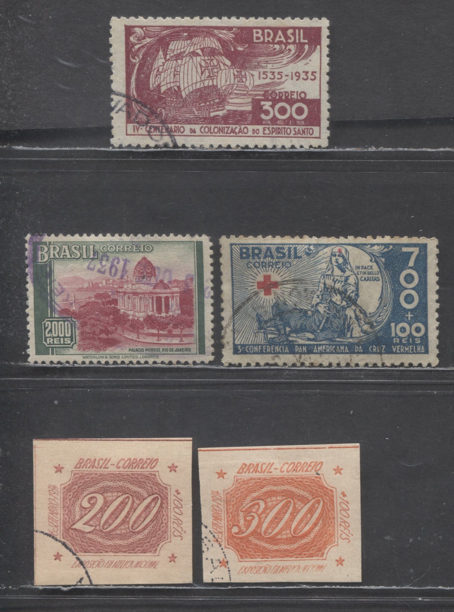 Lot 359 Brazil SC#412-B7 1935 400th Anniversary Of Establishment Of 1st Portuguese Colony - 3rd Pan American Red Cross Conference, 5 Fine/Very Fine Used Singles, Click on Listing to See ALL Pictures, Estimated Value $20