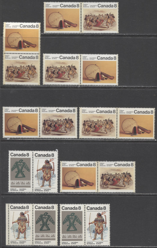 Canada #575a, aii, 577a 8c Multicolored Dance Of The Kutcha-Kutcha & Ojibwa Thunderbird, 1975 Subarctic Indians, 9 VFNH Pairs With Various MF/HB, MF/HF & MF/MF Papers & Different Shades & Tagging