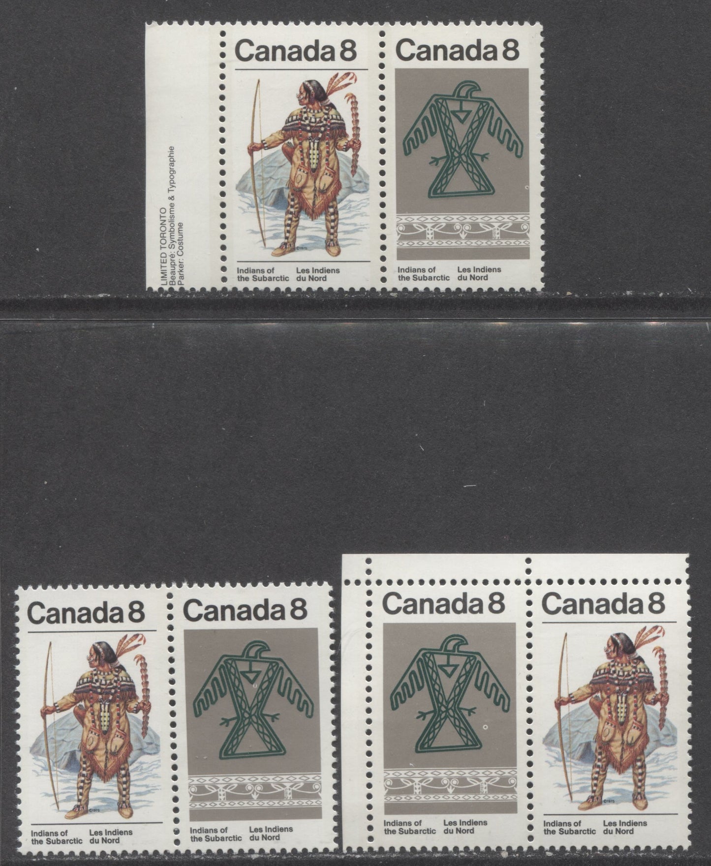 Lot 436 Canada #577avar 8c Multicolored Kutchin - Ojibwa, 1975 Subarctic Indians, 3 VFNH Pairs Showing Different Donut Flaws On The Thunderbird Stamp, MF/MF & MF/HF Papers