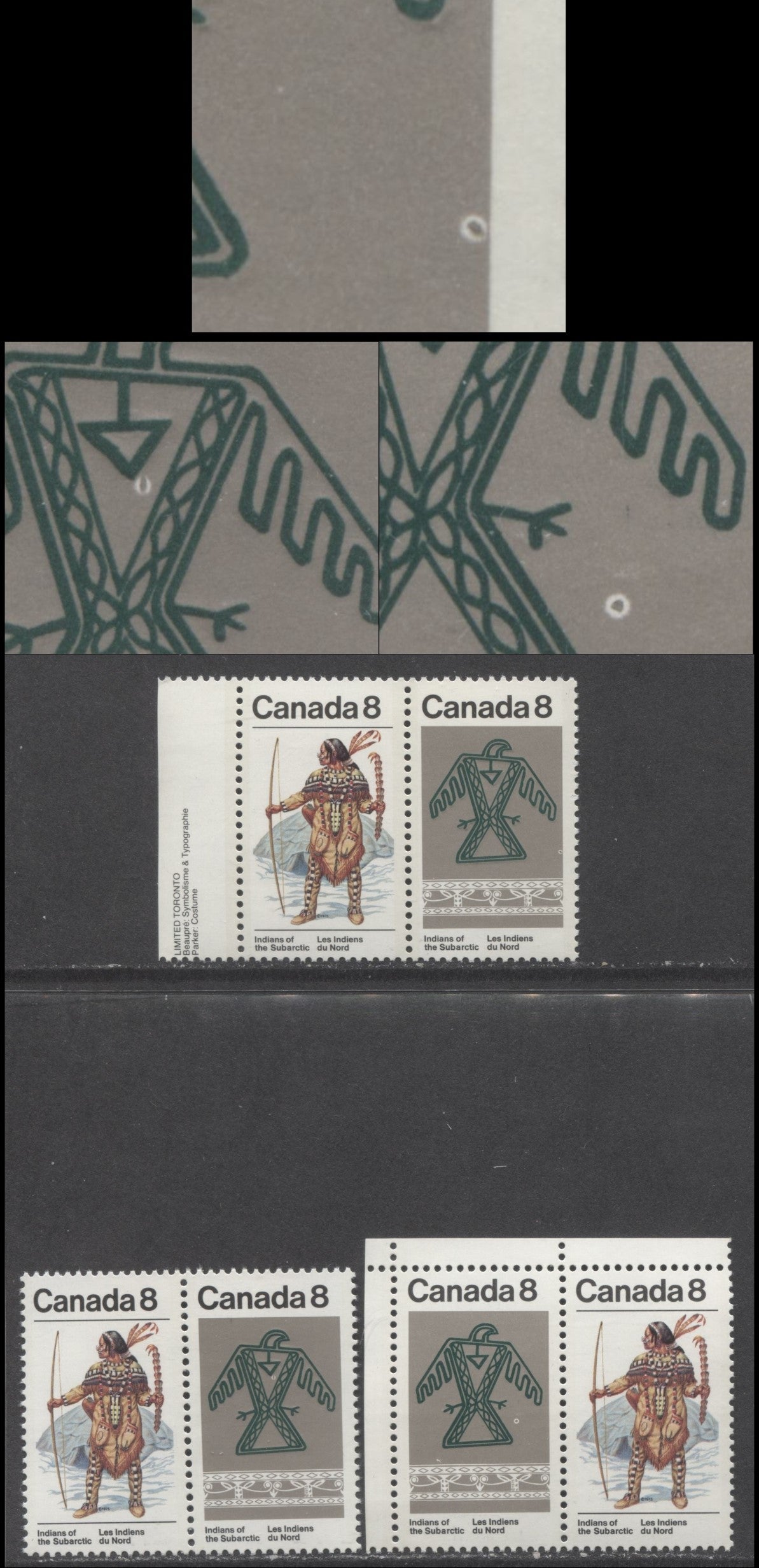 Lot 436 Canada #577avar 8c Multicolored Kutchin - Ojibwa, 1975 Subarctic Indians, 3 VFNH Pairs Showing Different Donut Flaws On The Thunderbird Stamp, MF/MF & MF/HF Papers