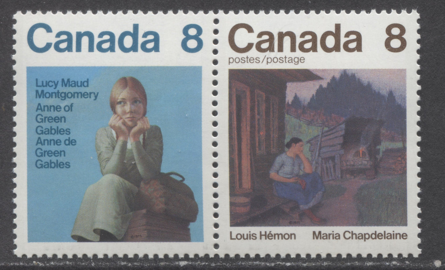 Lot 439 Canada #658, 659i 8c Multicolored Lucy Maud Montogomery & Louis Hemon, 1975 Canadian Authors Issue, A VFNH Pair On LF/HF Paper, 'Light In Window' In Pair, This Variety Is Constant And Comes From Pos. 22