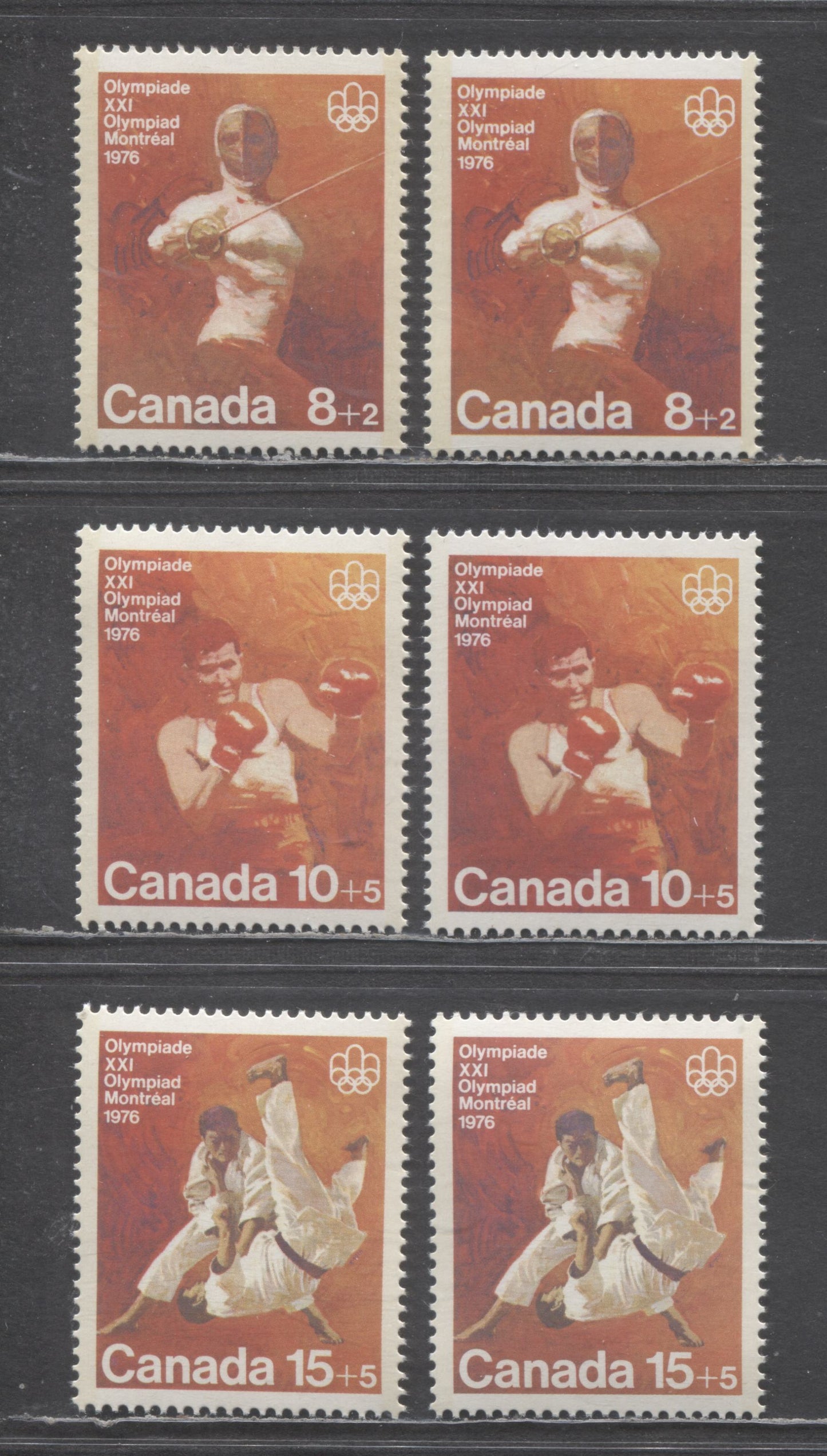 Canada #B7-B9 8c+2c - 15c+5c Multicolored Fencing - Judo, 1975 Combat Sports Semi Postals, 6 VFNH Singles On DF/DF & DF/LF Papers