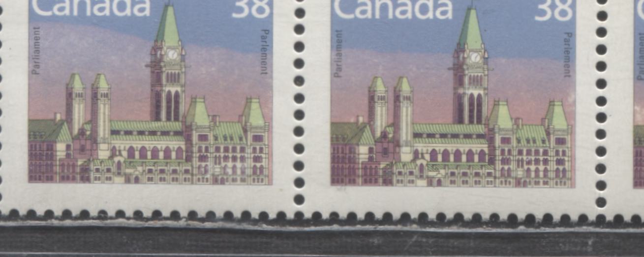 Lot 481 Canada #1165var 38c Multicoloured Parliament Buildings, 1988-1992 Mammal and Architecture Issue, A VFNH Right Sheet Margin Block Showing a Repellex Error Affecting The Bottom 4 Stamps, With 2022 VG Greene Certificate