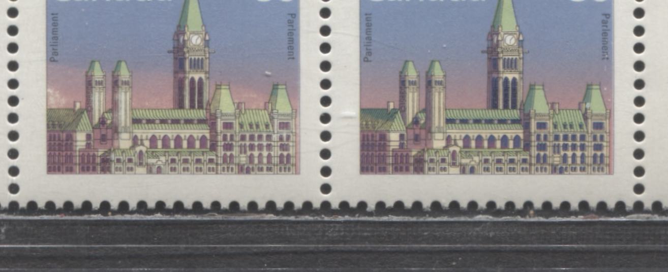 Lot 481 Canada #1165var 38c Multicoloured Parliament Buildings, 1988-1992 Mammal and Architecture Issue, A VFNH Right Sheet Margin Block Showing a Repellex Error Affecting The Bottom 4 Stamps, With 2022 VG Greene Certificate