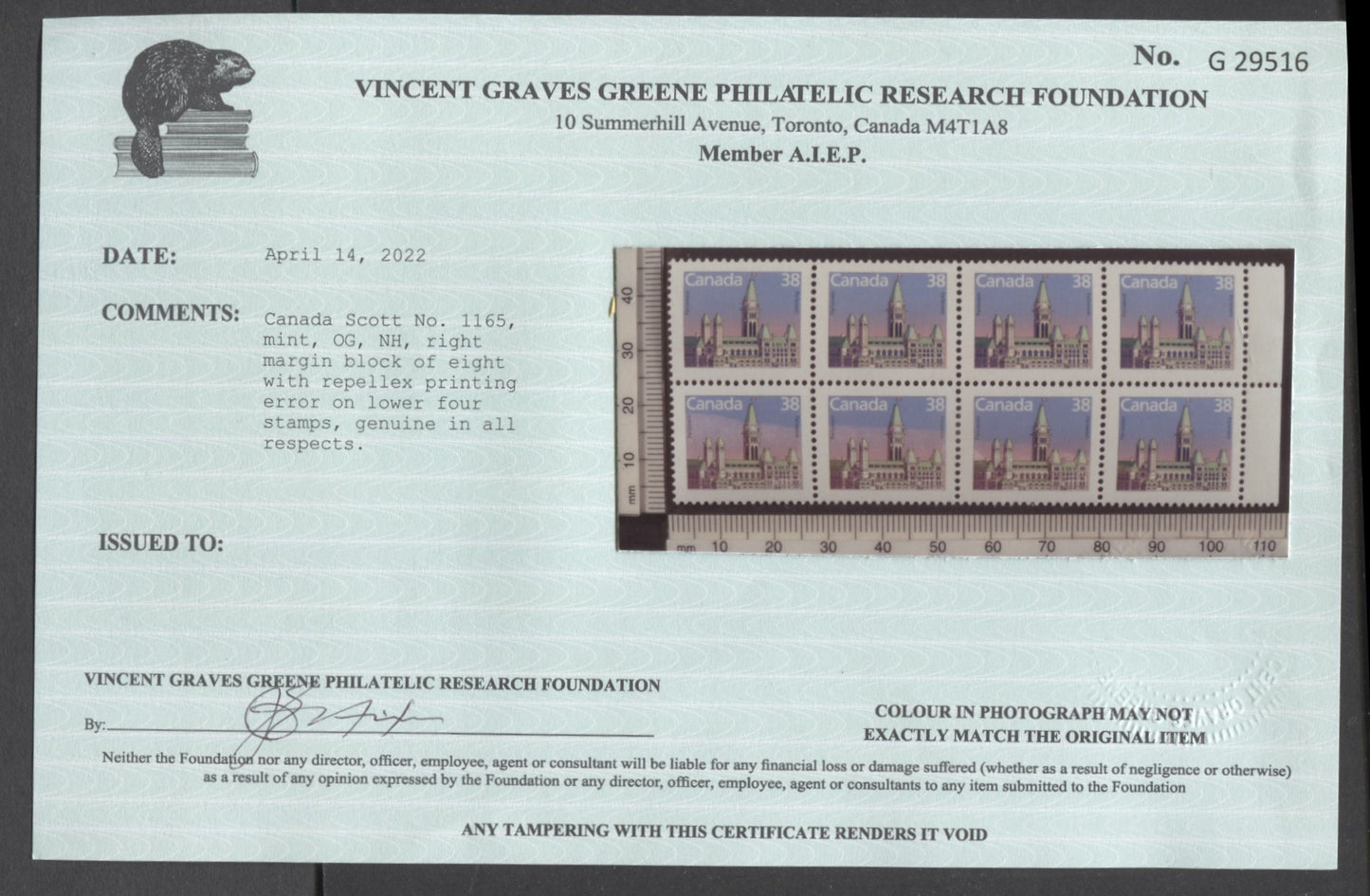 Lot 481 Canada #1165var 38c Multicoloured Parliament Buildings, 1988-1992 Mammal and Architecture Issue, A VFNH Right Sheet Margin Block Showing a Repellex Error Affecting The Bottom 4 Stamps, With 2022 VG Greene Certificate