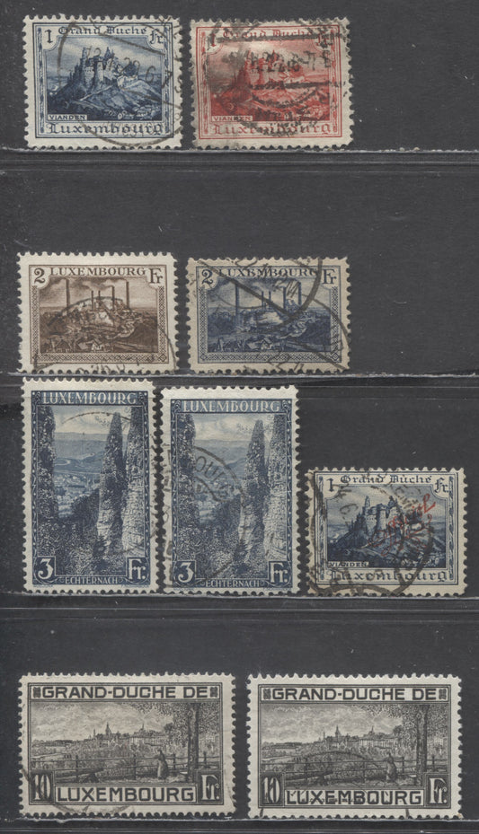 Lot 51 Luxembourg SC#126/O137 1921-1924 Pictorial High Values - Views Of Luxembourg & Wolfsschluet, Perfs 11.5 & 12.5, 9 Fine/Very Fine Used Singles, Estimated Value $25