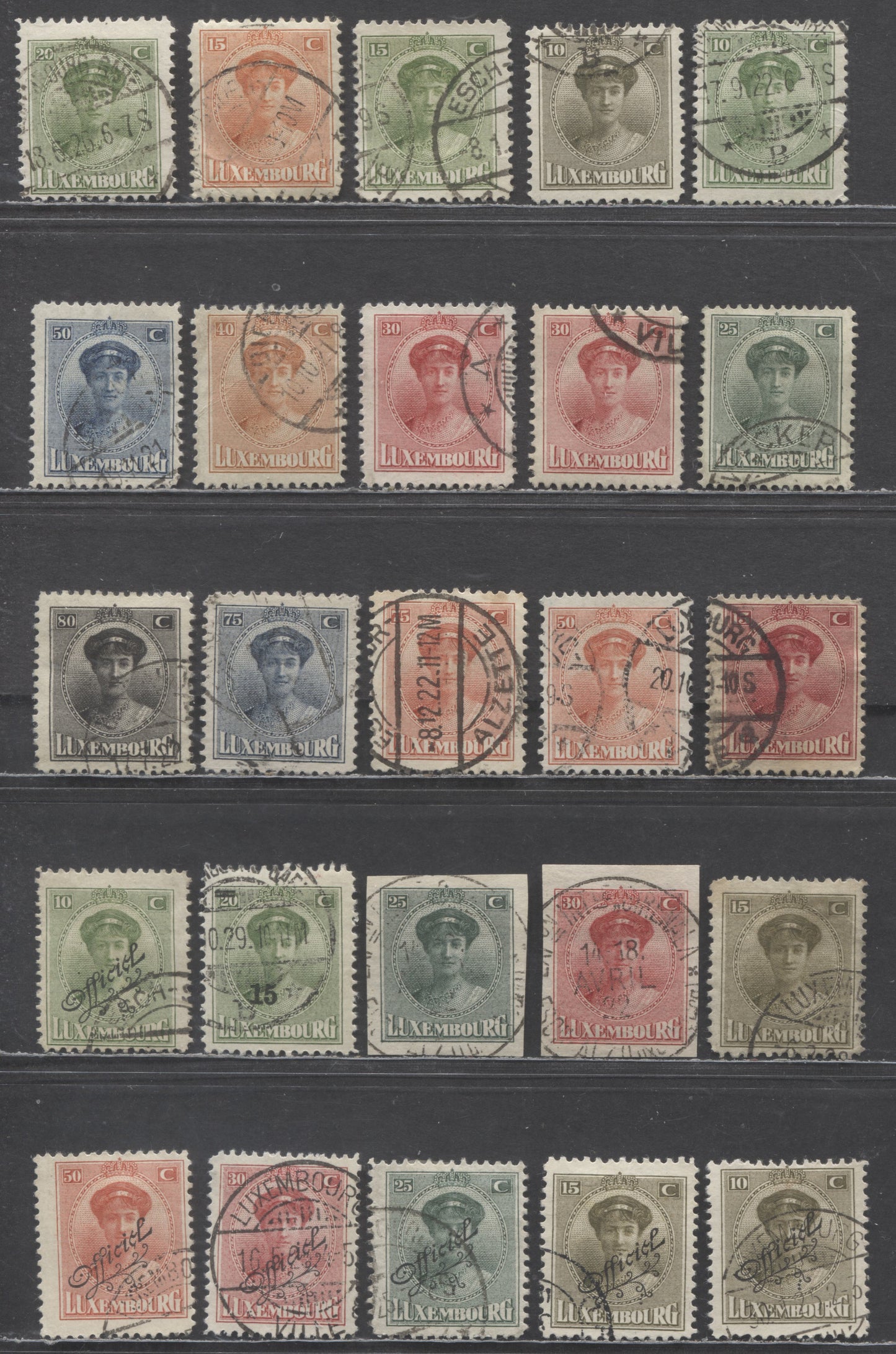 Lot 52 Luxembourg SC#125/O128 1921-1926 Grand Duchess Charlotte, Surcharges & Official Overprints, 26 F/VFOG Singles, Click on Listing to See ALL Pictures, Estimated Value $15