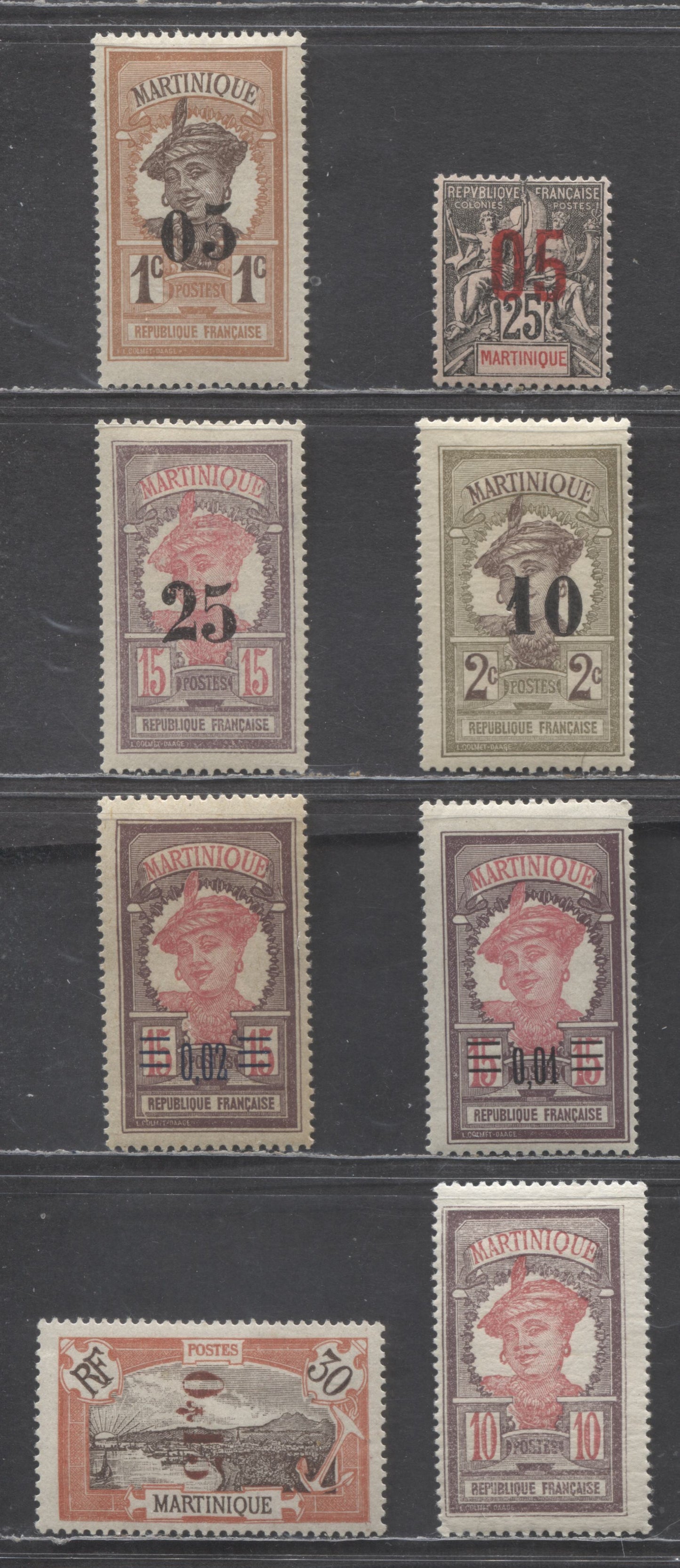 Lot 63 Martinique SC#67/117 1912-1921 Surcharges, 8 F/VFOG Singles, Click on Listing to See ALL Pictures, Estimated Value $20