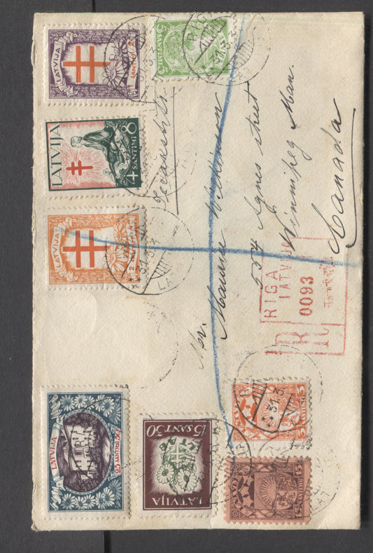 Lot 7 Latvia SC#138/B64 1927-1933 Arms & Semi Postal Issues, Combination Usage On Registered Cover To Winnipeg, MB, Sent March 31, 1936 From Riga, A Fine/Very Fine Cover, Estimated Value $20