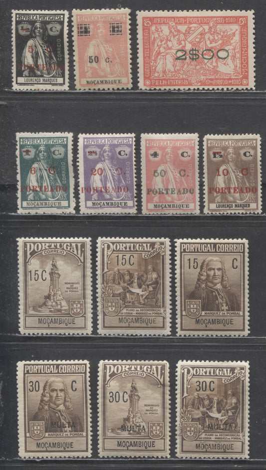 Lot 88 Portugal SC#235/RAJ3 1921-1925 Surcharged War Tax - Pombal Issues, 13 VFOG Singles, 2022 Scott Classic Cat. $15.5