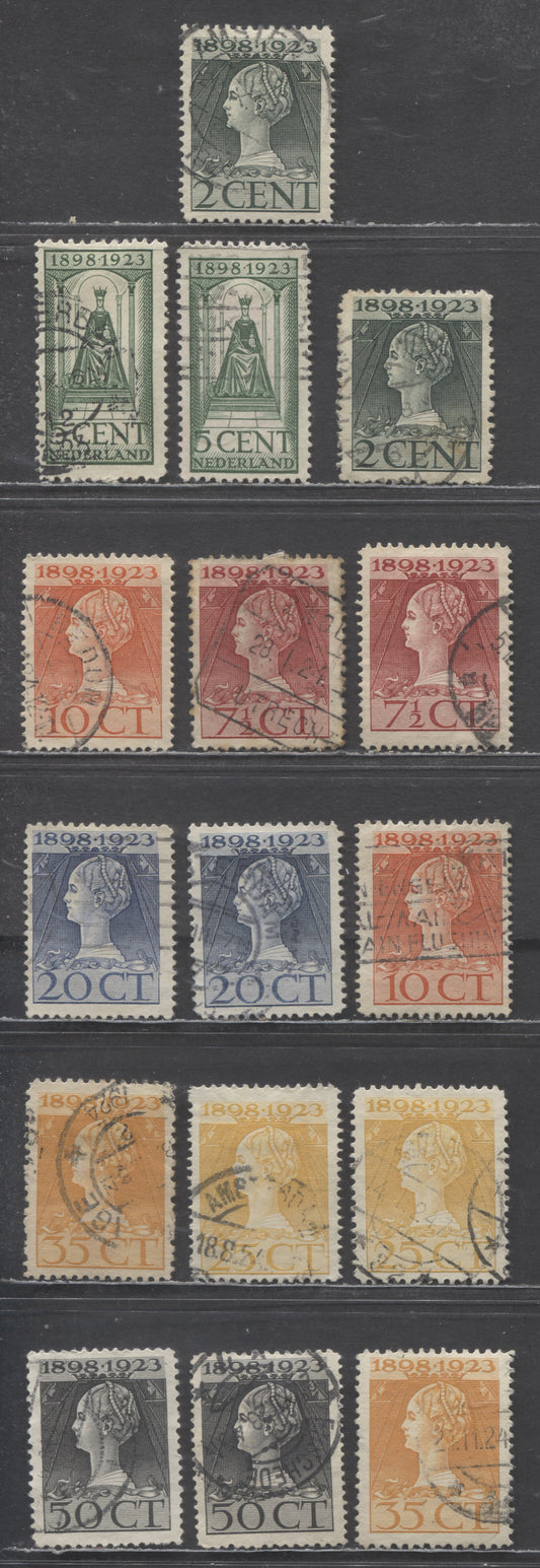 Lot 94 Netherlands SC#124-131 1923 25th Anniversary Of Accession Of Queen Wilhelmina Issue, Two Different Perfs, 16 Fine/Very Fine Used Singles, Estimated Value $10