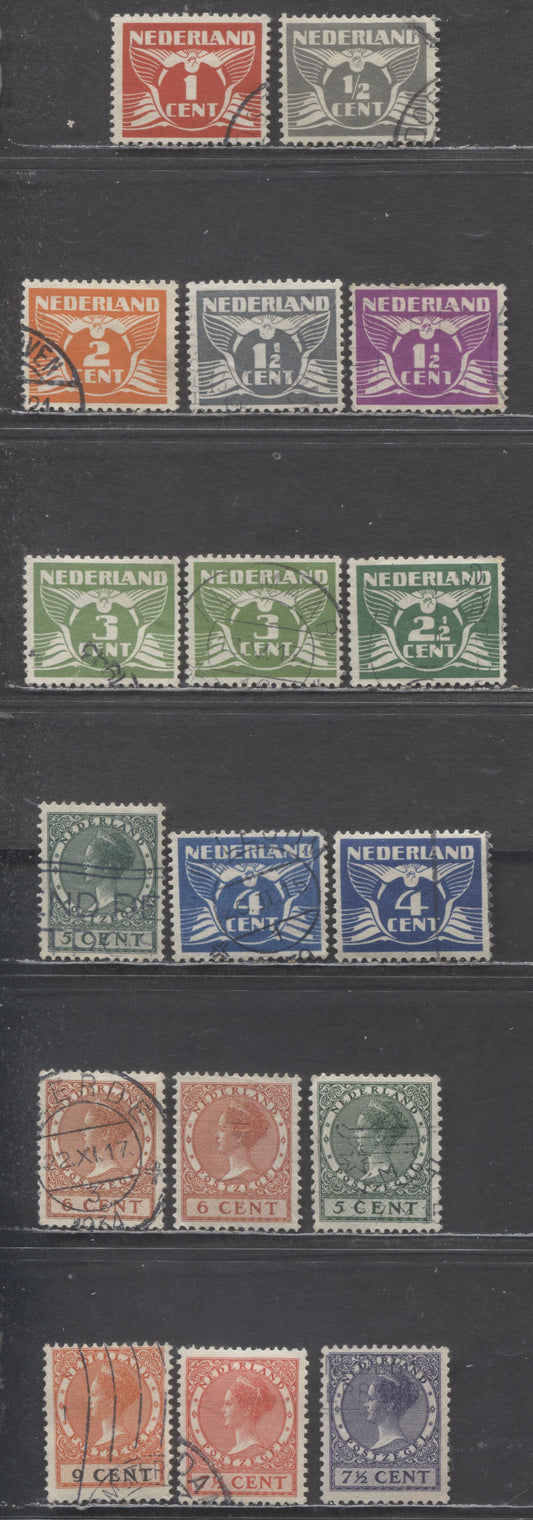 Lot 98 Netherlands SC#164-176 1926 Queen Wilhelmina & Gull Definitives, Includes Some Shade Varieties, Multiple Circles Wmk, 17 Fine/Very Fine Used Singles, Click on Listing to See ALL Pictures, Estimated Value $15