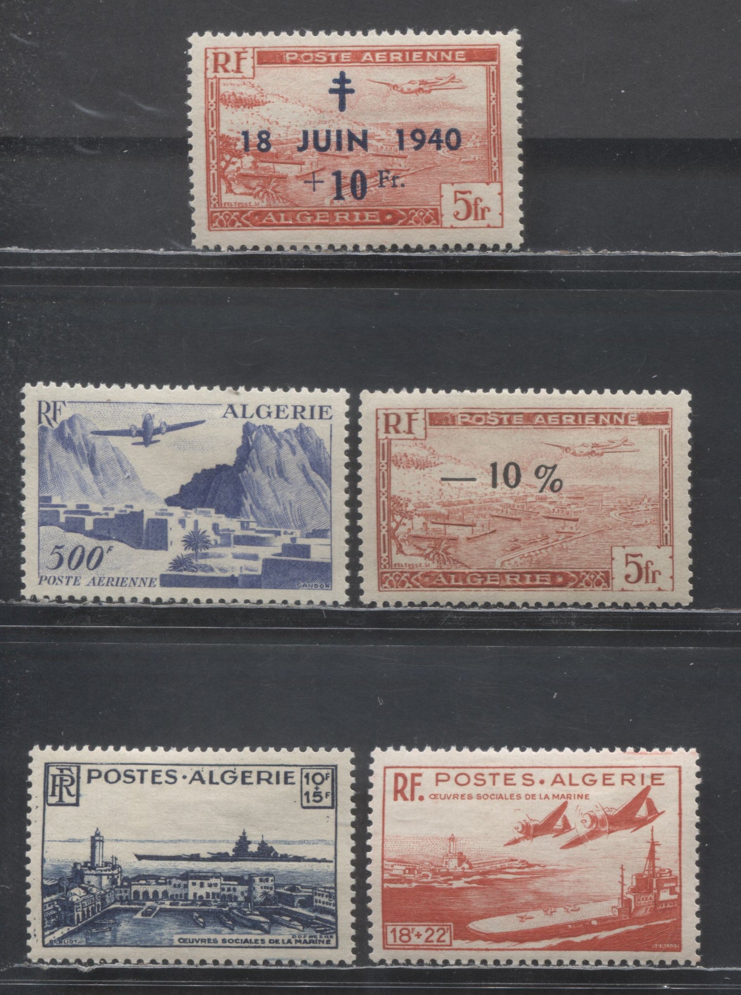 Lot 26 Algeria SC#B55/CB2 1947-1948 Airmail & Airmail Semi-Postals, 5 VFOG Singles, Click on Listing to See ALL Pictures, Estimated Value $28