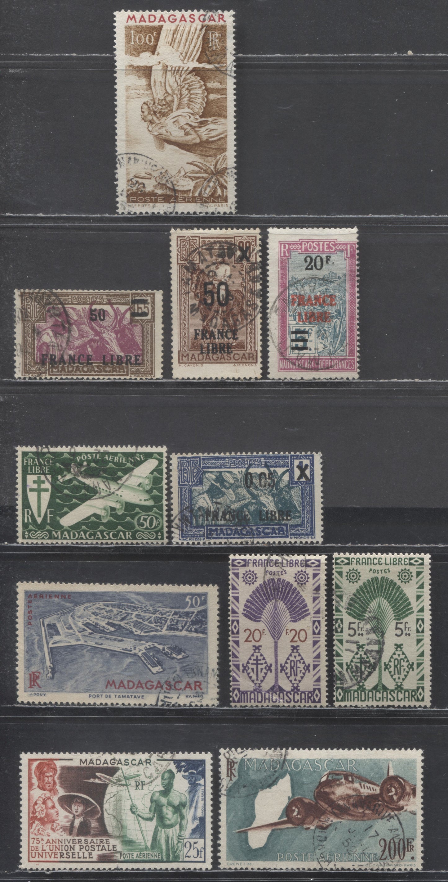 Lot 412 Madagascar SC#214/C55 1942-1949 France Libre Overprints - UPU Airmail Issues, 11 Fine/Very Fine Used Singles, Click on Listing to See ALL Pictures, Estimated Value $18