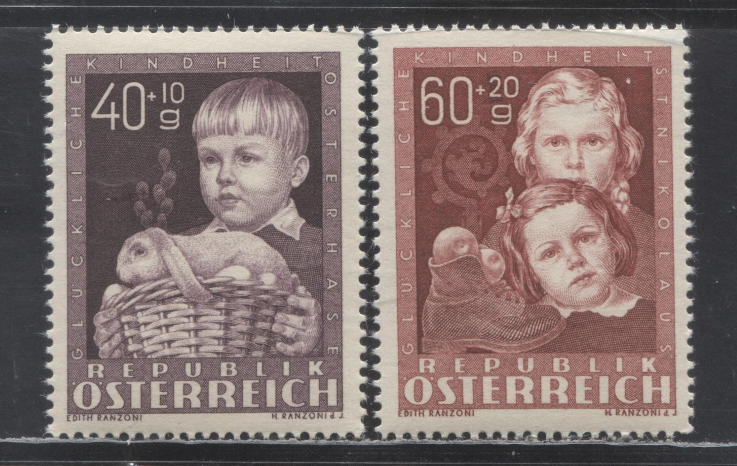 Lot 53 Austria SC#B260-B261 1949 Child Welfare Semi Postals, 2 VFNH Singles, Click on Listing to See ALL Pictures, Estimated Value $25